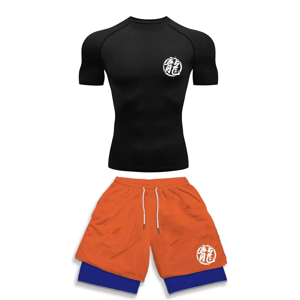 Chemise de Compression + short de gymnastique 2 pièces entraînement été Anime imprimé ensemble de Compression de gymnastique course Sport Fitness costume pour hommes vêtements de Sport