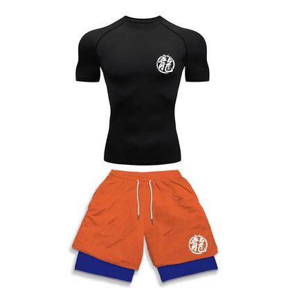 Chemise de Compression + short de gymnastique 2 pièces entraînement été Anime imprimé ensemble de Compression de gymnastique course Sport Fitness costume pour hommes vêtements de Sport