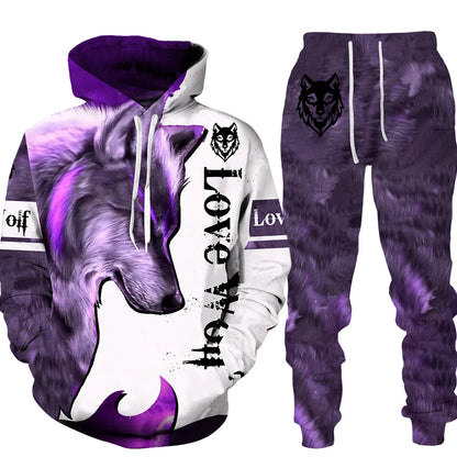 Ensemble de pantalons de survêtement et sweat à capuche College en 3D pour hommes, survêtement surdimensionné, streetwear imbibé, vêtements de sport, motif animal loup, hiver, automne