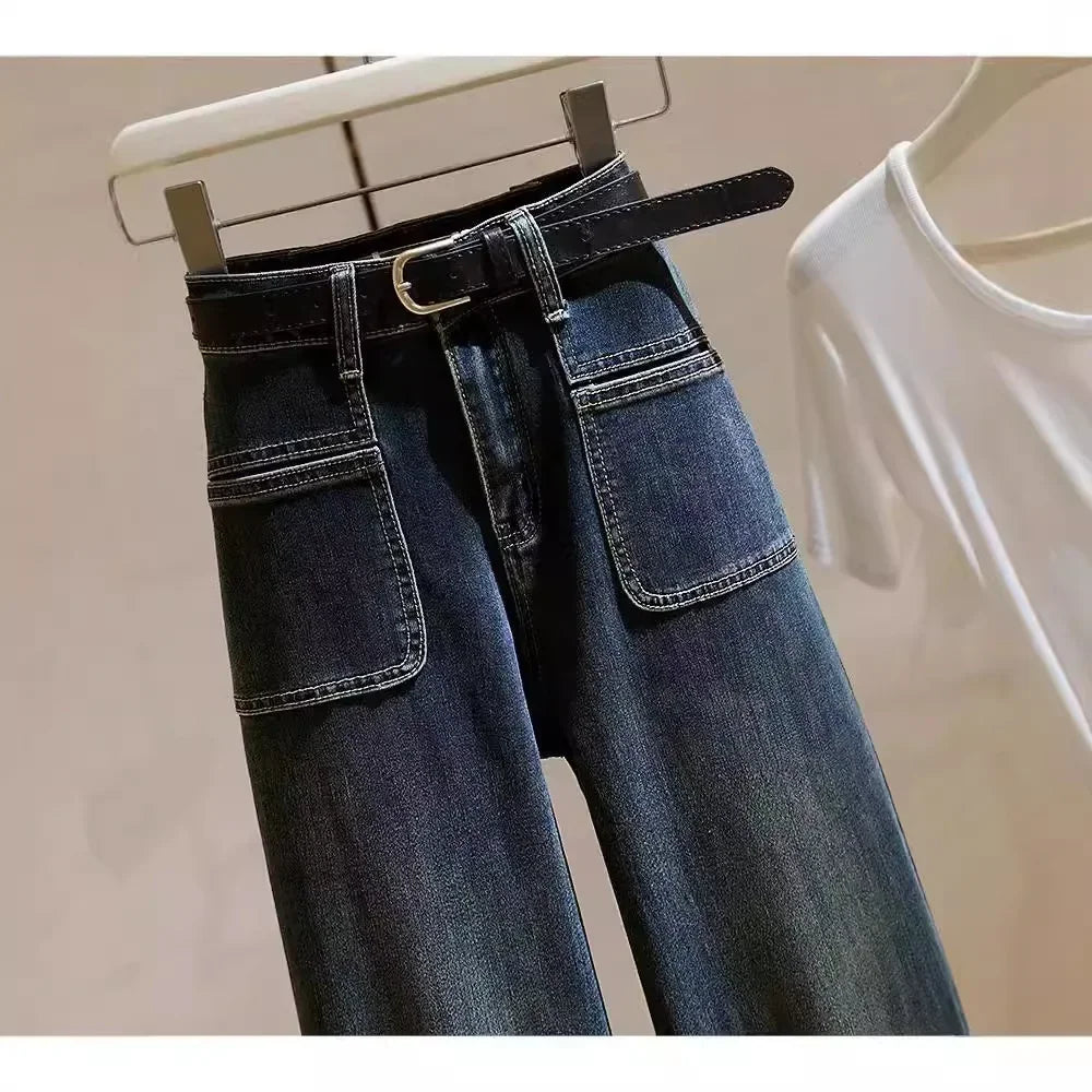 Jean taille haute à jambes larges pour femmes, Vintage, extensible, polyvalent, coupe ample, jambe droite, amincissant, pantalon inférieur Microbell