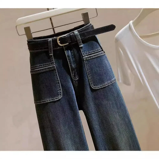 Jean taille haute à jambes larges pour femmes, Vintage, extensible, polyvalent, coupe ample, jambe droite, amincissant, pantalon inférieur Microbell