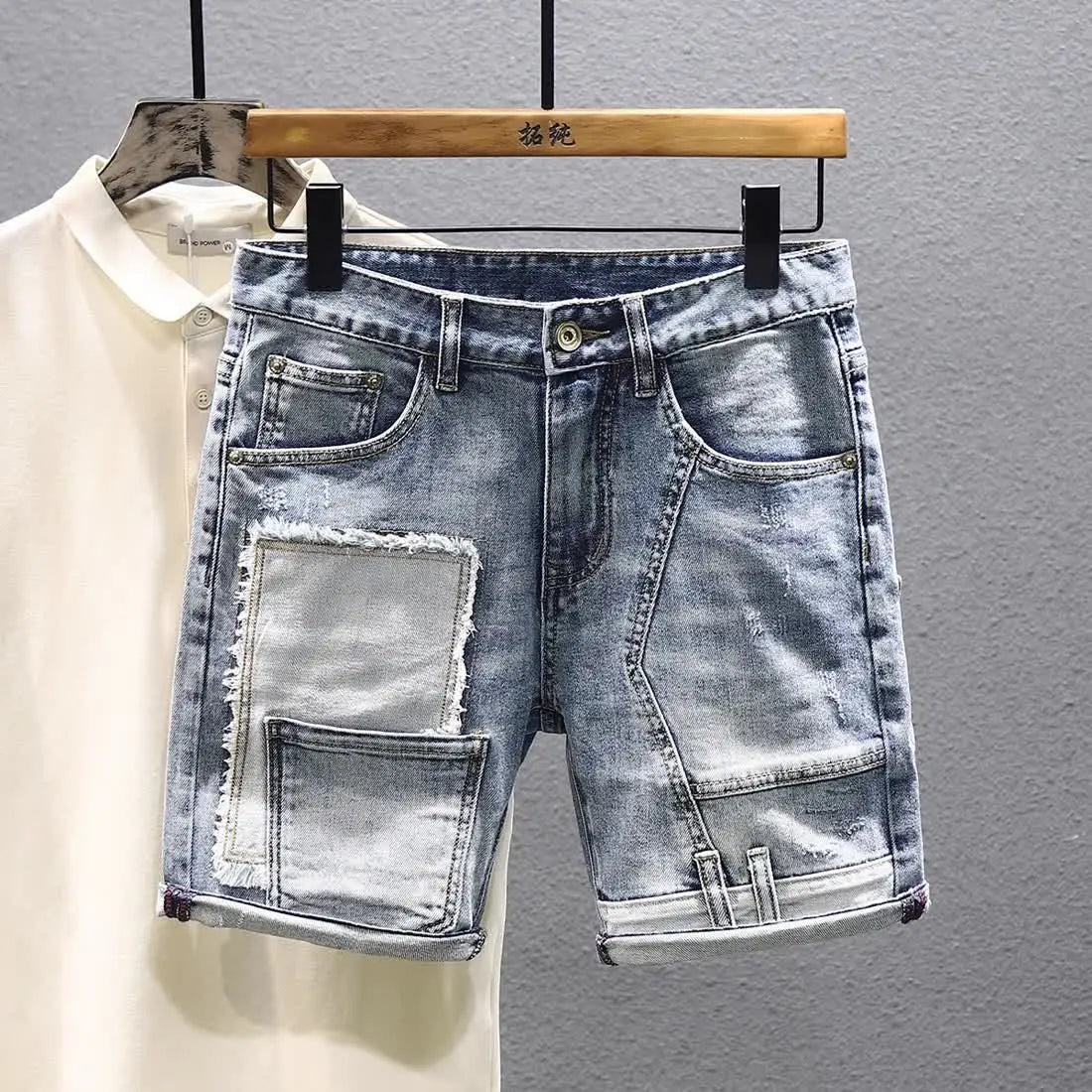 Short en denim de luxe pour hommes, vêtements de style coréen, patchwork, designer, décontracté, longueur au genou, jean court classique, été, nouveau, 2023