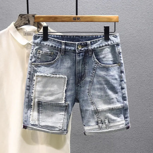 Short en denim de luxe pour hommes, vêtements de style coréen, patchwork, designer, décontracté, longueur au genou, jean court classique, été, nouveau, 2023