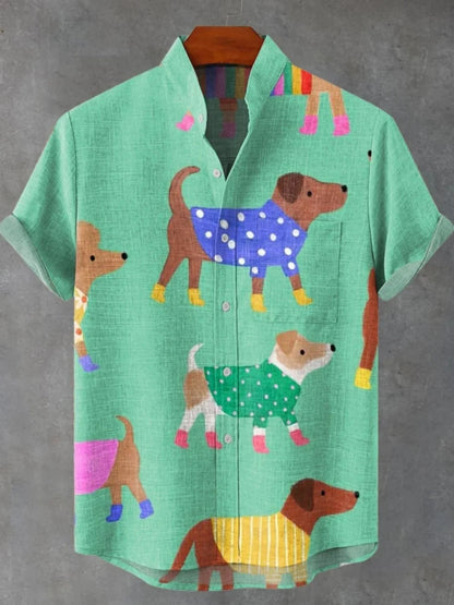 2025 hommes décontracté mode nouvelle chemise en lin Art imprimé chien de compagnie motif chemises mode décontracté et confortable hommes chemise unie