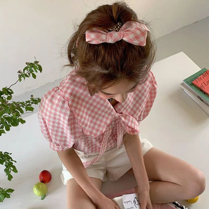 Chemises à carreaux roses pour femmes, col Peter Pan, doux, panneaux, Bandage, tempérament, vêtements Kawaii, Baggy, mode coréenne d'été