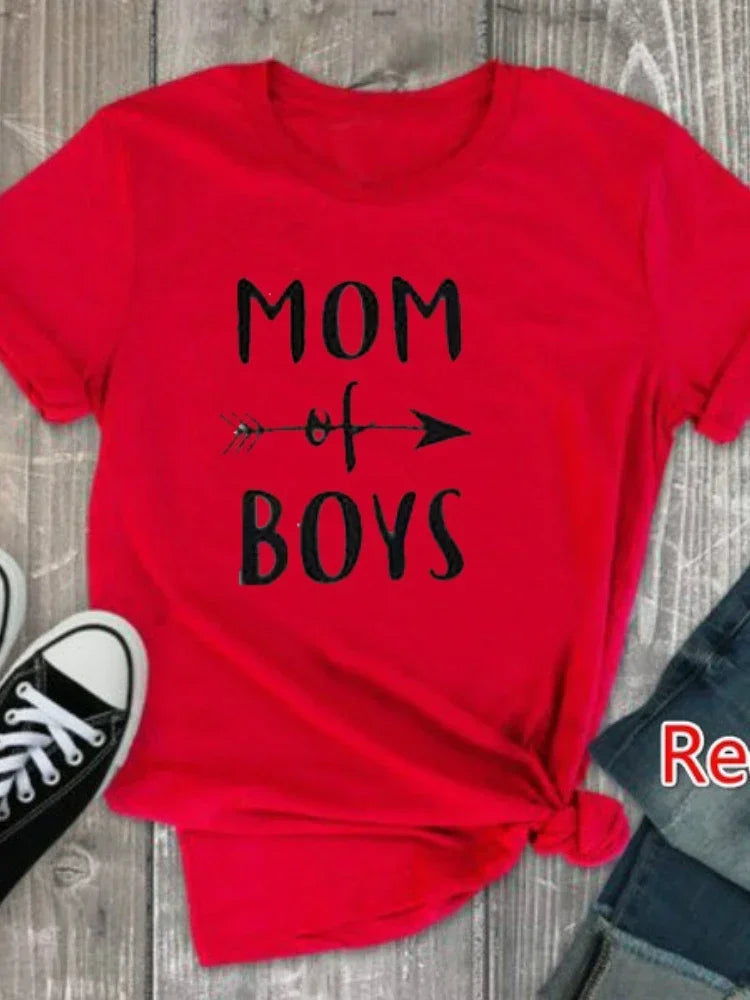 T-shirt manches courtes col rond femme, estival et avec lettres imprimées MOM OF BOYS