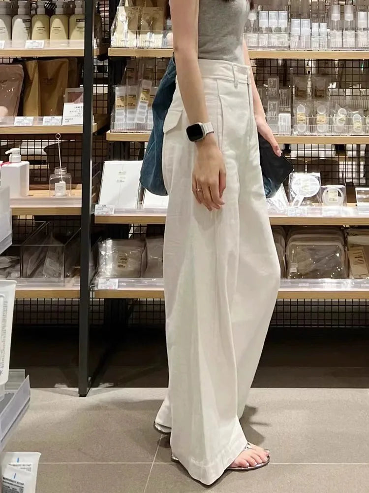 Début du printemps nouveau Style blanc coton lin pantalon à jambes larges taille haute tombant minceur pantalon droit décontracté vêtements pour femmes
