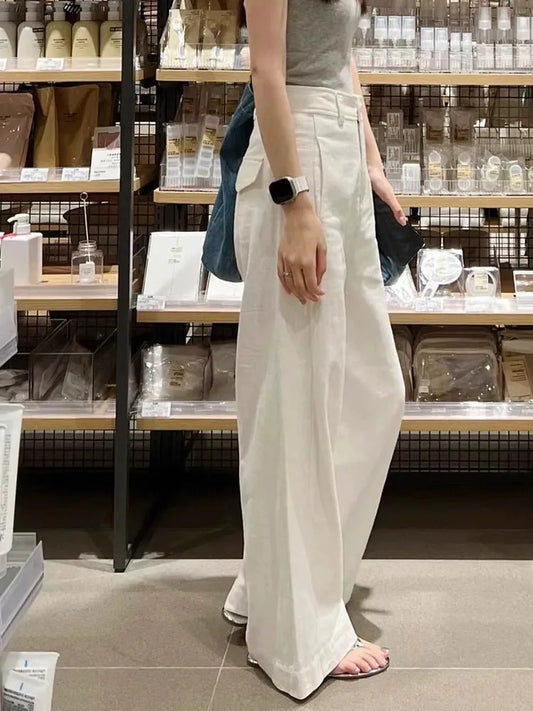 Début du printemps nouveau Style blanc coton lin pantalon à jambes larges taille haute tombant minceur pantalon droit décontracté vêtements pour femmes