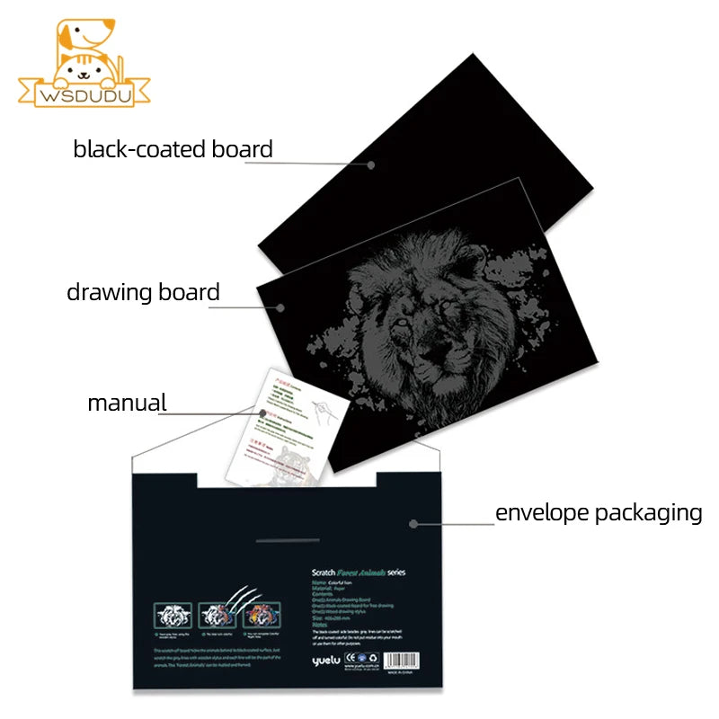 Ensemble de papier à gratter pour animaux, 2 feuilles, avec stylet, bricolage, artisanat arc-en-ciel, Lion, licorne, chat, chien, jouet de peinture, cadeau créatif pour enfants et adultes