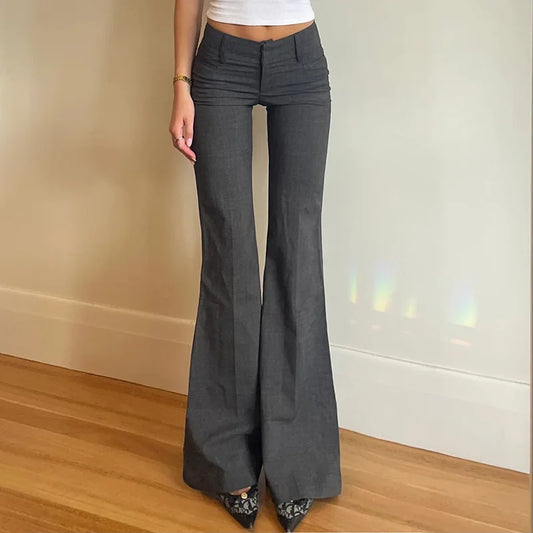 Lucyever-Pantalon évasé taille basse pour femme, pantalon moulant pour femme, poche mince, jambe large rétro, rue haute, mode fjFashion, dame de bureau, gris, Y2K