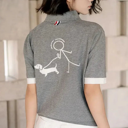 2025 été nouvelle mode rayé col rabattu T-shirt tricoté à manches courtes Vintage décontracté à manches courtes haut pulls