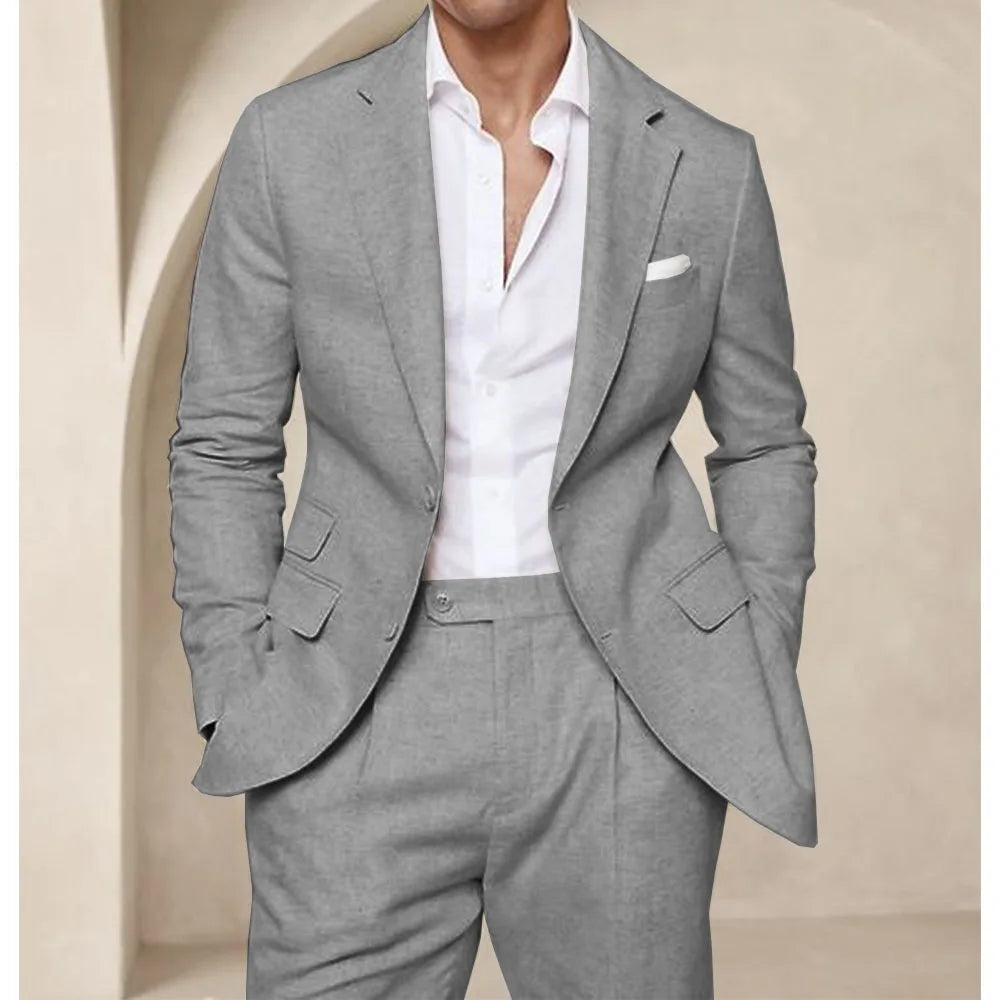 Costume deux pièces en lin pour hommes, Cool, respirant, élégant, mode, Design Slim, robe de mariée, vêtements de travail, confortable, nouveau, été