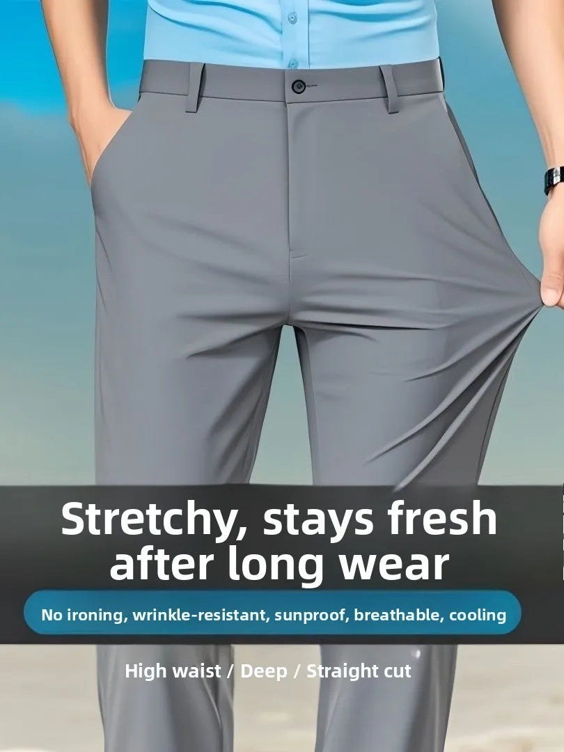 Pantalon pour hommes en soie glacée lisse et soyeuse, Ultra-fin, drapé à haute élasticité, décontracté, ample, jambe droite, Long, pour l'été, tenue de bureau