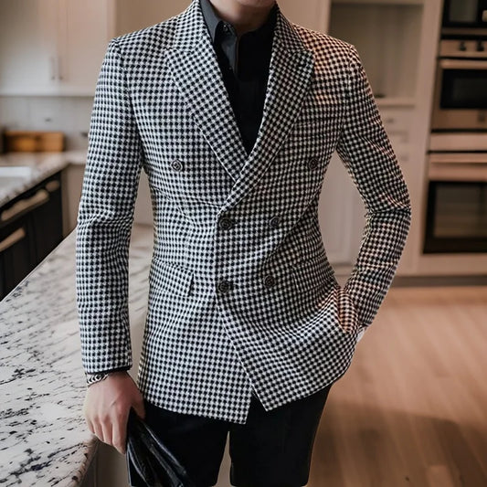 Costumes à carreaux à double boutonnage pour hommes, coupe couvertes, carreaux pied-de-poule, smoking de marié de mariage, olympiques de mode, veste et pantalon, 2024, 2 pièces