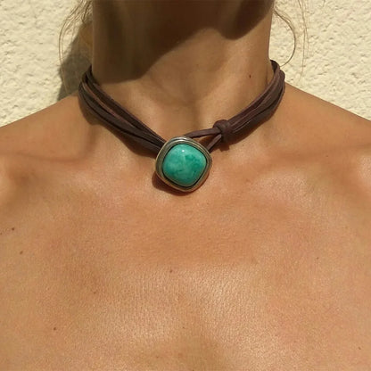 Collier de style bohème pour femme, ULen cuir, pendentif turquoise,
