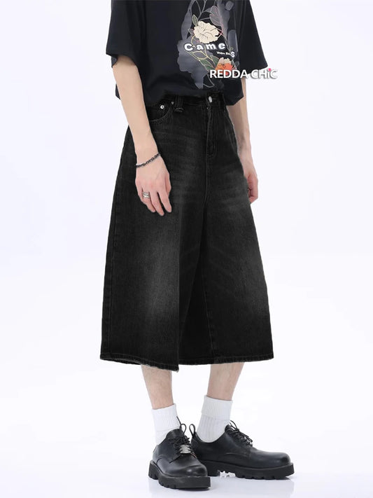 ReddaChic-Short en Denim pour Homme, Baggy Brossé, Vintage, Noir, Bord Brut, Décontracté, Y2k, Hip Hop, Jambes Larges