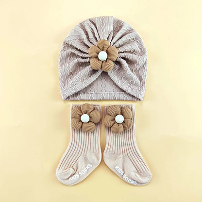 1 ensemble d'accessoires de casquette pour nouveau-né, bonnets doux, couvre-chef, chaussettes, ensemble de 2 pièces pour filles, chaussettes longues en dentelle à fleurs + chapeau