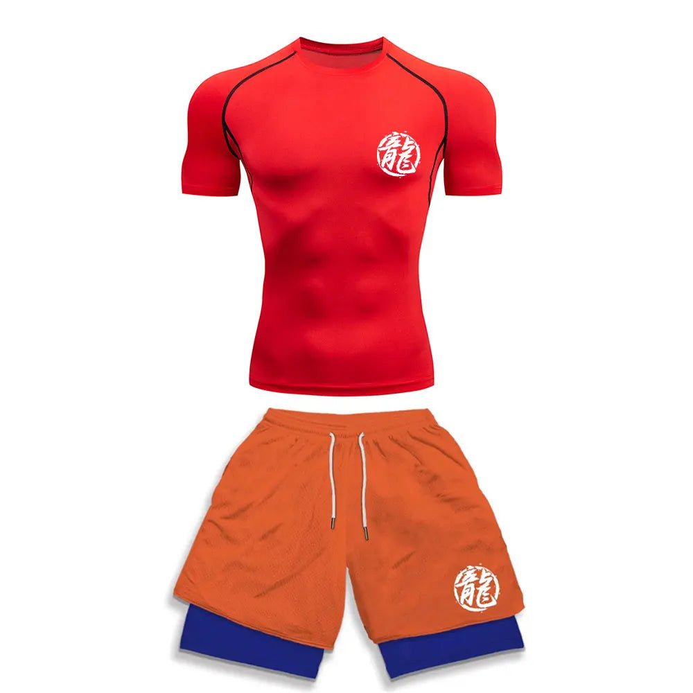 Chemise de Compression + short de gymnastique 2 pièces entraînement été Anime imprimé ensemble de Compression de gymnastique course Sport Fitness costume pour hommes vêtements de Sport