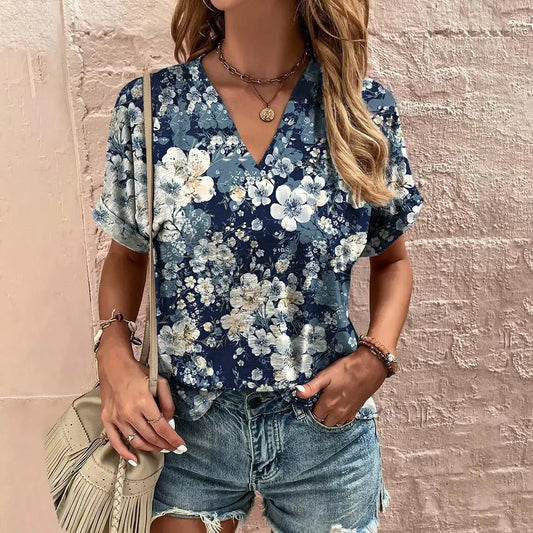 T-Shirt femme été col en v T-Shirt pour femmes mode quotidienne à manches courtes T-Shirt style décontracté impression 3d vêtements féminins