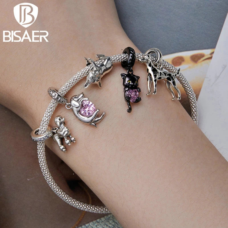 BISAER 925 en argent Sterling mignon chien breloque perle teckel animal de compagnie pendentif platine plaqué ajustement femmes Bracelet à bricoler soi-même bijoux fins