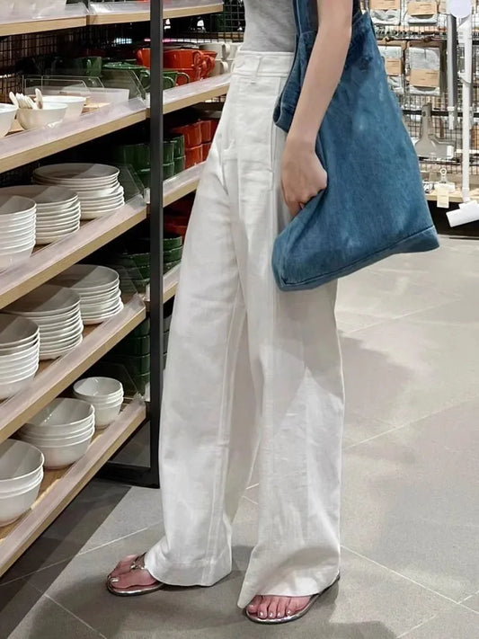 Début du printemps nouveau Style blanc coton lin pantalon à jambes larges taille haute tombant minceur pantalon droit décontracté vêtements pour femmes