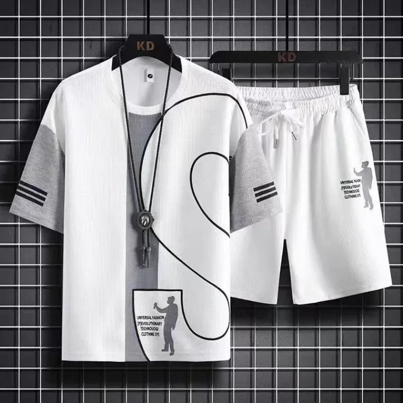 Ensemble de T-shirt et Short de dehors pour Homme, Vêtement de Travail Imprimé, Gaufré, Tenue 2 Pièces, Coupe Régulière Basique
