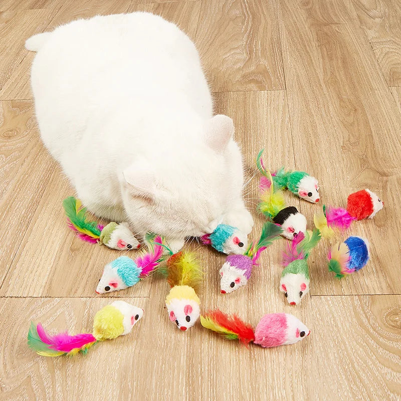 Fausse souris en fourrure de lapin, plume arc-en-ciel, jouets amusants pour chaton