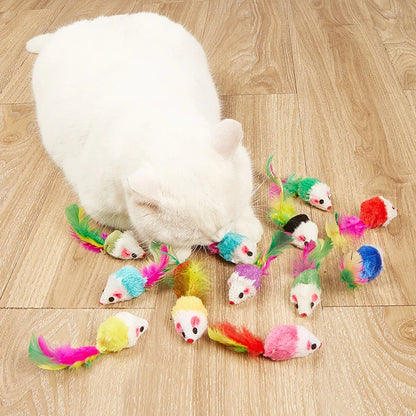 Fausse souris en fourrure de lapin, plume arc-en-ciel, jouets amusants pour chaton