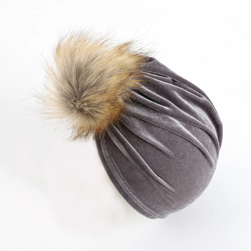 Chapeau boule de fourrure en tissu velours solide pour enfants garçons filles bébé accessoires de photographie grand pompon nœud supérieur automne hiver oreille bonnet chaud