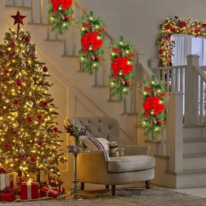 Décoration de couronne de Noël en rotin rouge, arc d'escalier LED, cône enrichi, nouvelle couronne de Noël, décoration de cône enrichie