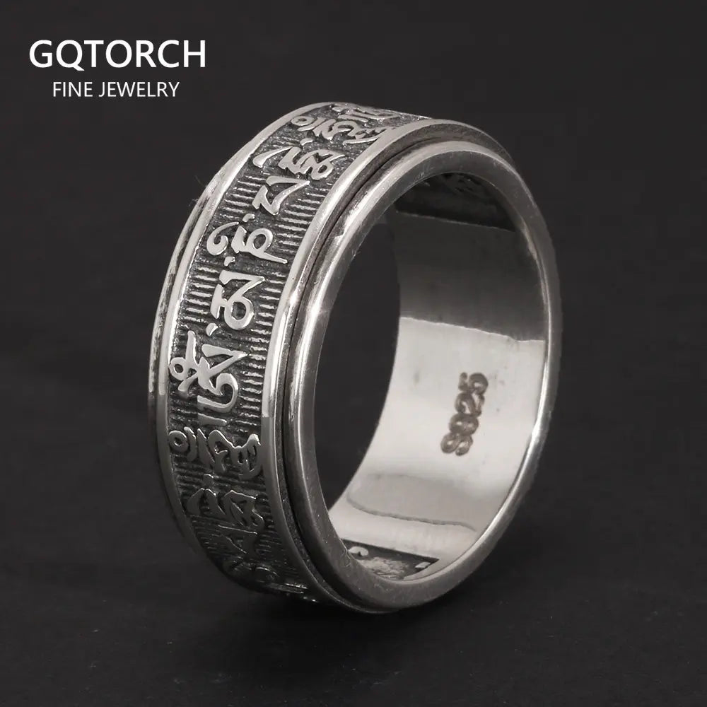 Bagues Vintage en argent Sterling 925 véritable pour hommes, bagues tibétaines rotatives à Six mots Mantra Om Mani Padme Hum, bijoux bouddhistes