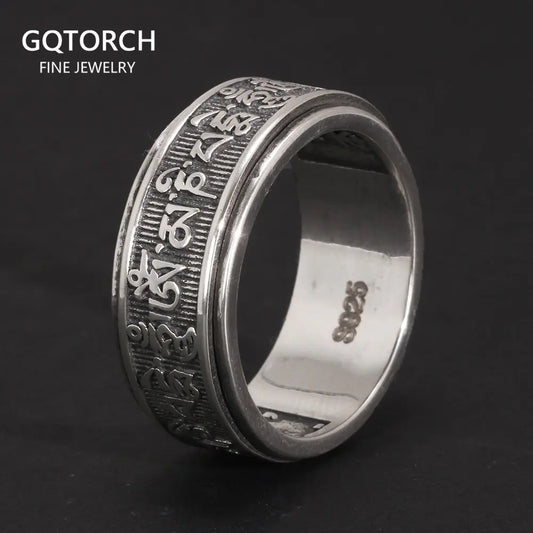 Bagues Vintage en argent Sterling 925 véritable pour hommes, bagues tibétaines rotatives à Six mots Mantra Om Mani Padme Hum, bijoux bouddhistes