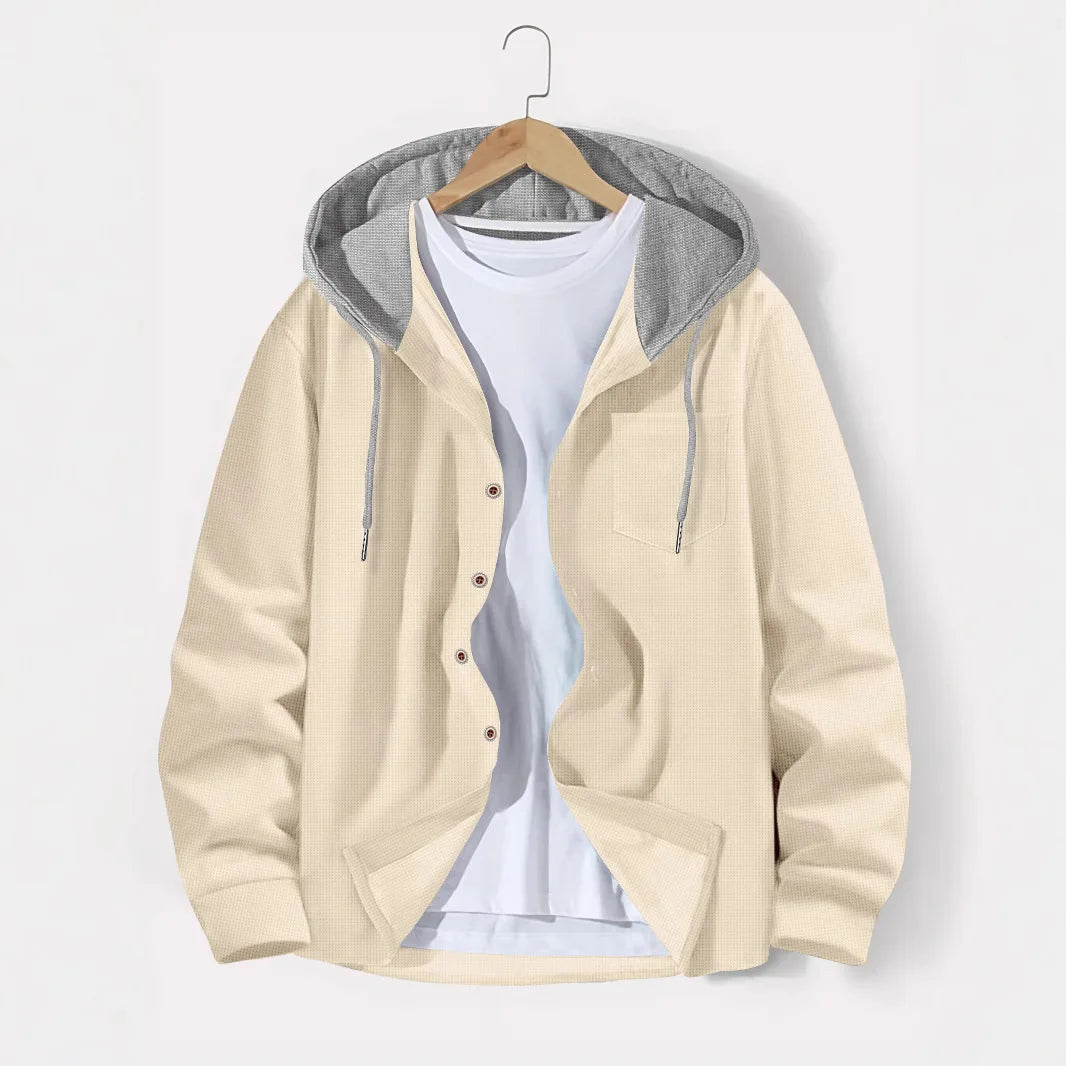 2025 printemps et automne hommes gaufre treillis couleur boutonnage à capuche cardigan décontracté manteau nouvelle mode lâche sports de plein air haut pour hommes