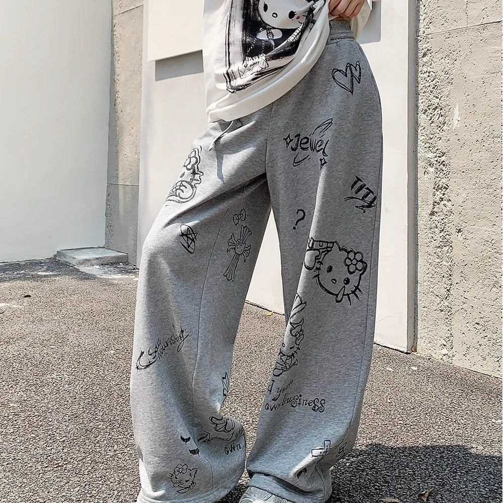 Kawaii femmes Hello Kitty pantalons décontractés Sanrio dessin animé coton pantalons longs Anime filles étudiant mignon danse pantalons à jambes larges dessiner corde
