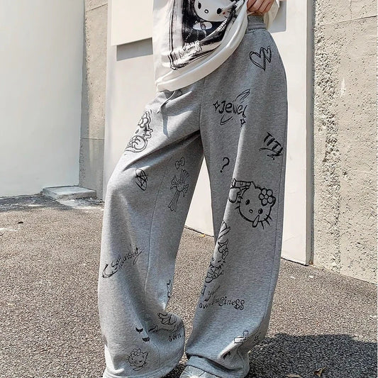 Kawaii femmes Hello Kitty pantalons décontractés Sanrio dessin animé coton pantalons longs Anime filles étudiant mignon danse pantalons à jambes larges dessiner corde