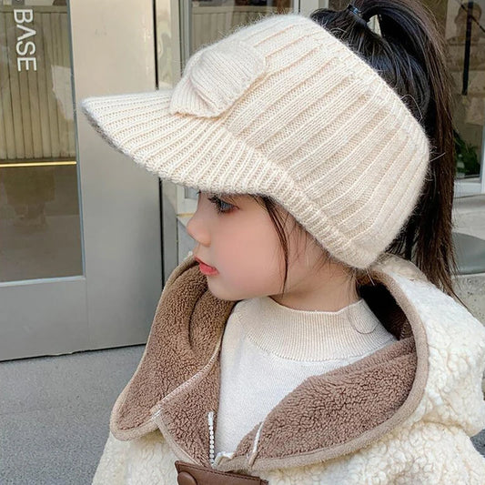 Chapeau en laine pour Protection des oreilles, haut vide, avec nœud pour bébé fille, tricoté en bec de canard, pour enfants de 3 à 10 ans, couvre-oreilles chauds d'hiver, bonnets pour enfants