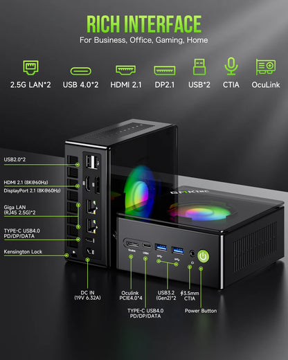 GMKtec-Mini PC Gaming Nucbox K11 AMD Ryzen 9 8945HS, OCuLink 2 x USB 4 2 x DDR5 2 x PCIe 2x2.5G LAN, Ordinateur de bureau RVB, Windows 11, WiFi 6