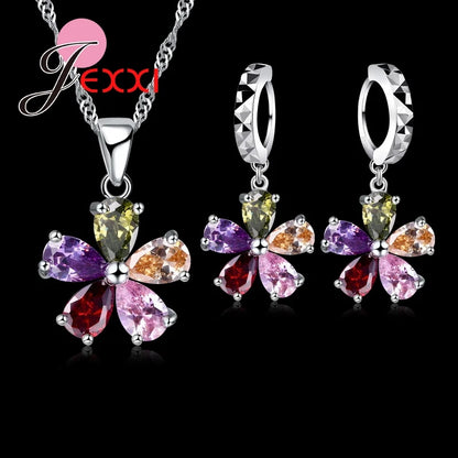 Kendning Flower-Ensembles de bijoux pendentif en cristal coloré CZ, collier en argent regardé 925, boucles d'oreilles pendantes et créoles