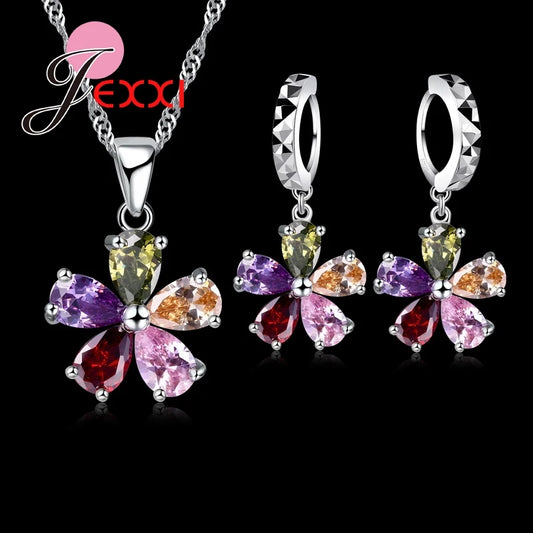 Kendning Flower-Ensembles de bijoux pendentif en cristal coloré CZ, collier en argent regardé 925, boucles d'oreilles pendantes et créoles