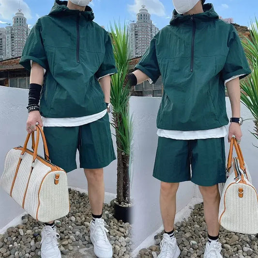 Ensemble de style cargo d'été pour hommes, sweat à capuche décontracté, t-shirt à manches courtes, short monochrome, mode adt, haute qualité, beau sweat-shirt trempé