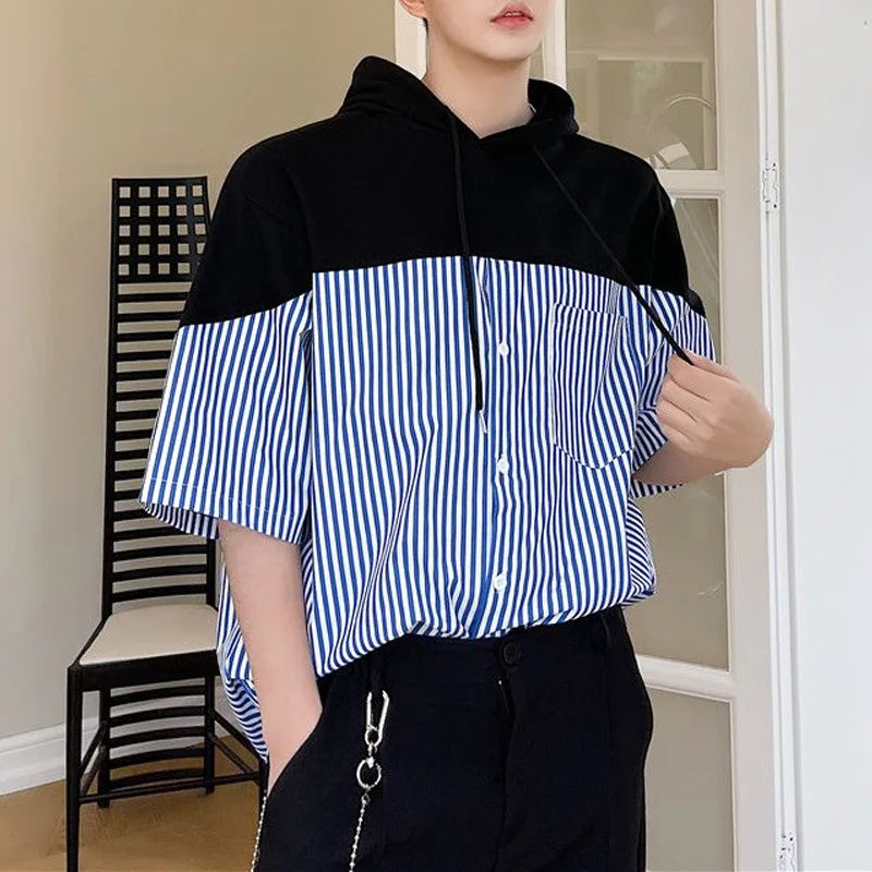 Chemise à capuche rayée à manches courtes, haut de gamme, design personnalisé, décontracté, imprimé, respirant, nouveau, été, 2024