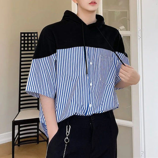 Chemise à capuche rayée à manches courtes, haut de gamme, design personnalisé, décontracté, imprimé, respirant, nouveau, été, 2024