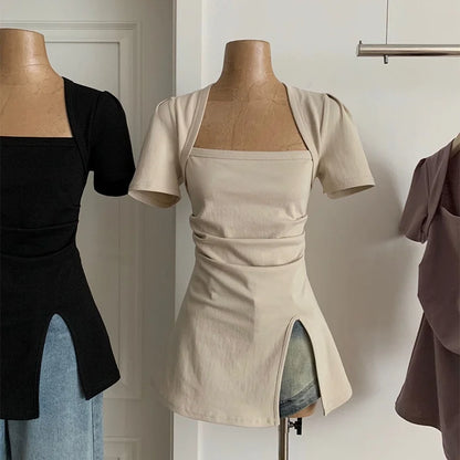 T-shirt à col carré pour femmes, style coréen, sexy, slim, vêtements basiques