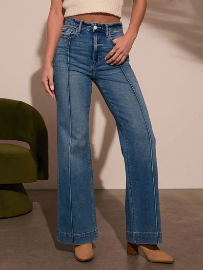 Jean droit taille haute bleu foncé pour femme, coupe cintrée, version jambes larges, tissu denim extensible, jean intellectuel élégant, nouvelle collection automne