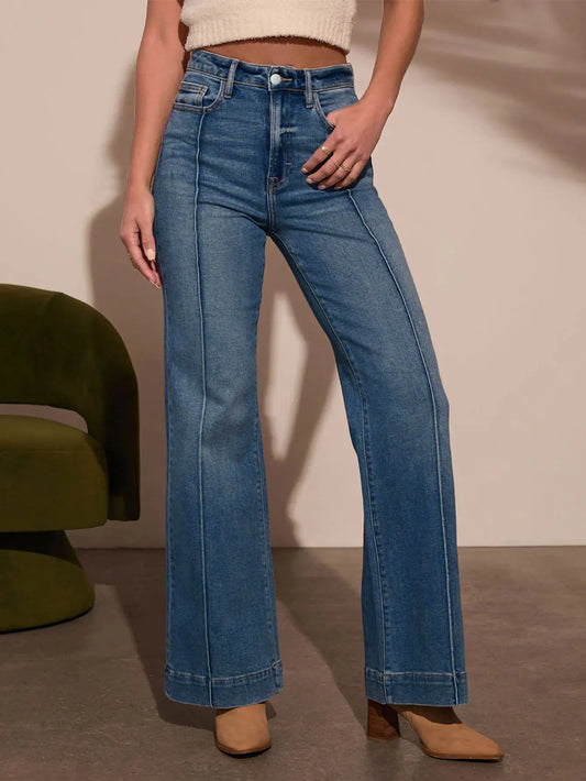 Jean droit taille haute bleu foncé pour femme, coupe cintrée, version jambes larges, tissu denim extensible, jean intellectuel élégant, nouvelle collection automne