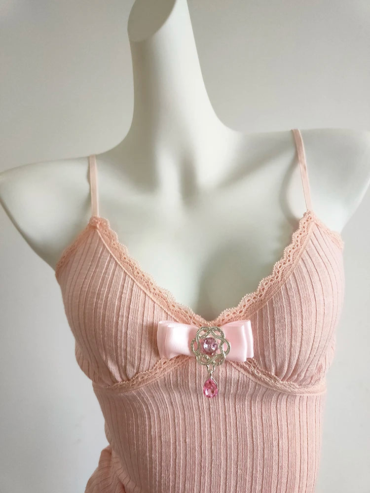 Camis mignon solide haut court femmes été nœud extensible hauts courts pour filles douces Kawaii vêtements
