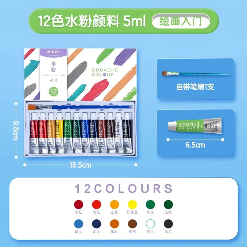 M & G – ensemble de peinture Gouache pour étudiants, 12/18/24 couleurs, Tube Art, outils de peinture spéciaux lavables