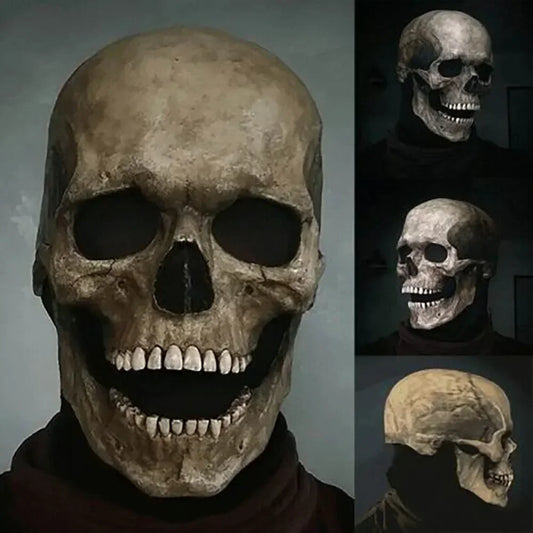 Masque de crâne en latex d'Halloween, décoration d'horreur, casque de crâne pleine tête, mâchoire mobile, accessoires de costumes de fête, cadeaux, déguisement de carnaval