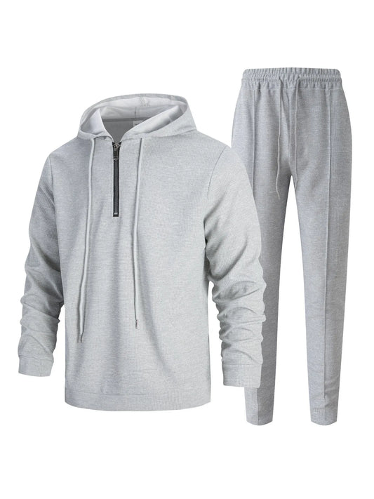 2025 nouveau printemps et automne hommes décontracté gaufre couleur unie petite fermeture éclair à capuche à manches longues paire pantalon deux hommes costume