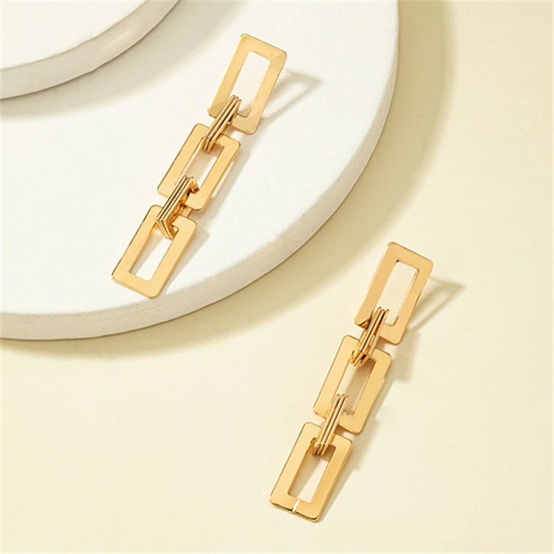 Boucles d'oreilles longues en métal pour femmes, Vintage, creux doré, géométrique, rectangulaire,